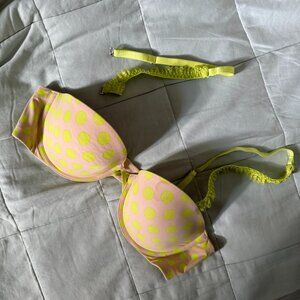 EUC Aerie Multi-Way Maddie Bra in Beige with Neon Green Polka Dots/Straps Sz 36B